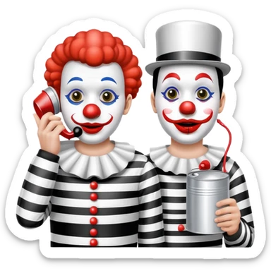 two mime clowns using tin can telephone sticker