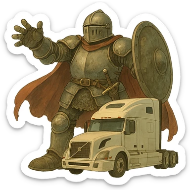 Transform Casper the ghost into a medieval knight in armor, much larger than the white semi truck, ghibli style with transparent background. sticker