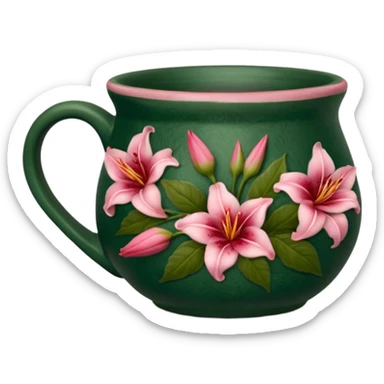 dark green pottery mug, no spoon, designed with dark red roses and pink lilies on it sticker
