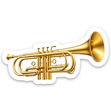 Cinematic Realistic Trumpet, rich golden brass with subtle tarnish marks, soft highlights emphasizing the intricate details, warm reflections of stage lighting bouncing off the metal, glowing with bold and triumphant energy. sticker