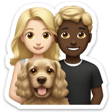 brown hair girl and Blond hair boy holding a black cocker spaniel sticker
