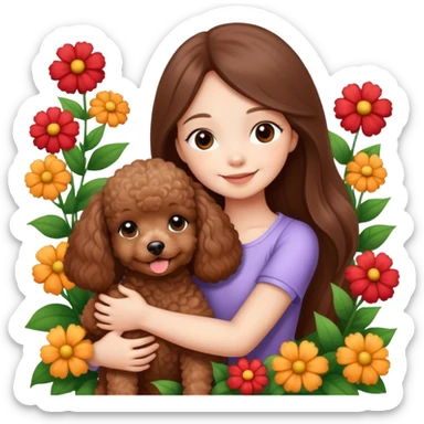 A beautiful girl with long straight hair happily hugs a brown toy  poodle in the flowers sticker