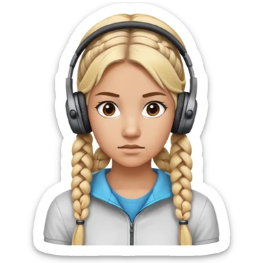 "- Nữ
- 20 tuổi
- Da nâu
- Tóc tết 2 bím, tóc vàng
- Đeo tai nghe
- Mặt nghiêm túc
" sticker