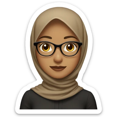 The image depicts a young woman wearing a light brown hijab and clear, round glasses. She is smiling softly, with a natural expression on her face. She is wearing a black outer garment,  sticker