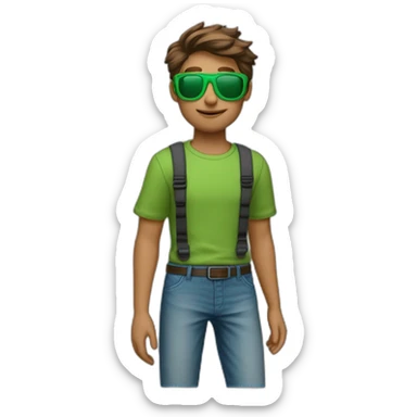 jongen bruin haar zwarte schoenen lichtblauwe baggy broek groene trui zwarte zonnenbril sticker