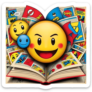 Create a vibrant emoji, representing comic books and graphic novels as an art form. The design should feature a large, opened comic book with vintage comic panels on the pages. Include a pencil (without a hand), writing text or sketching on the pages. The comic panels should have bold lines and retro-style artwork with classic comic book visuals. Use bright, energetic colors like red, yellow, and blue to evoke excitement and creativity. The overall design should feel dynamic, vintage, and artistic. Make the background transparent. sticker