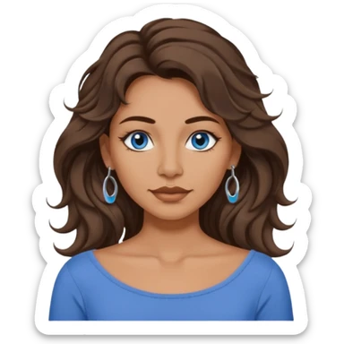 female emoji with long wavy brunette shag hair, blue-grey eyes, boatneck top, septum piercing sticker
