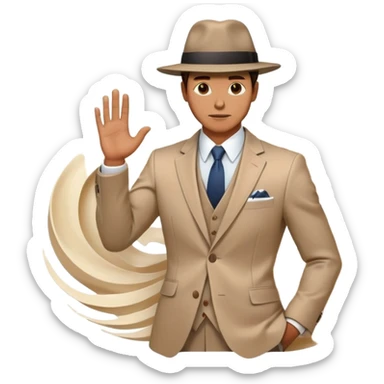 Ethereal male silhouette with suit jacket and hat, surrounded by flowing energy waves and subtle style elements, masculine fashion inspiration sticker