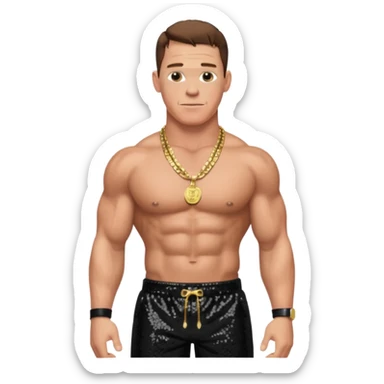 John Cena with black sequin baggy pants, shirtless with necklace, brown hair sticker