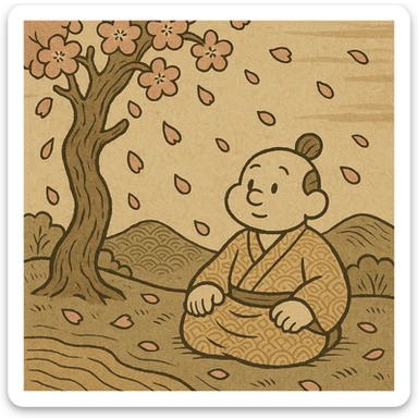 cherry blossom tree with petals falling, ukiyo-e style illustration sticker