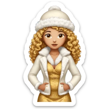 sexy and muscled tanned asian girl, golder curly hair, in winter fluffy white and gold dress-suit, in winter fluffy hat, winter snow and ice around sticker