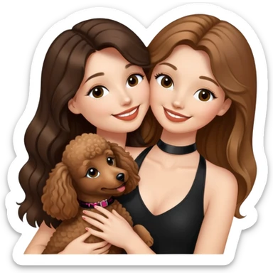 a girl with long balayage straight hair and long lashes, smiling, wearing black halterneck top, and holding and kissing a brown poodle sticker