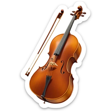 Create a refined and detailed emoji representing a Cremona cello with a bow. The design should feature the smooth, polished wooden body of the cello with a deep, rich tone color. The strings and tuning pegs should be visible, emphasizing the instrument's fine craftsmanship. Add a delicate bow placed gently across the strings, with intricate detailing on the hair and frog. Include subtle musical notes around the cello to evoke the graceful, classical sound. Use warm wood tones and accents like gold and silver for a professional, elegant look. The background should be transparent. sticker