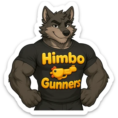 muscular wolf furry wearing a t-shirt that says 'Himbo gunners' in 3D emoji style sticker