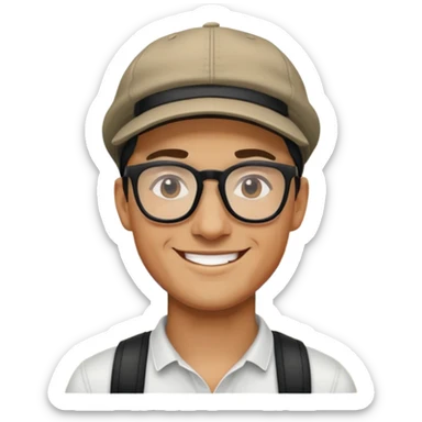Man with black glasses  in cap smiling outdoors sticker