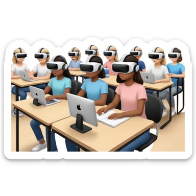Birdseye view of large study space with students working separately add students wearing Virtual reality headsets sticker