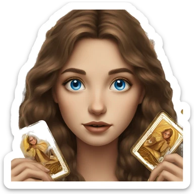 Brown hair blue eyes beautiful girl with brown tarot gold cards sticker
