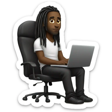 Black-guy-with-dreads-wearing-black-trackstuit-sitting-down-on-chair facing-foward-focused-on-laptop-computer- sticker
