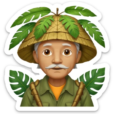 a old man with jungle wearing a large leaf headgear bye  sticker