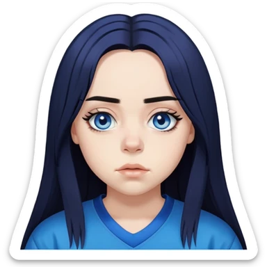 billie eilish long black hair blue eyes dark eyeliner makeup, wearing jersey sticker