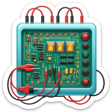 An icon featuring circuit boards, glowing wires, and a multimeter, symbolizing electrical engineering. The design includes voltage symbols and electric currents flowing through components, representing the study and application of electricity. Transparent background sticker