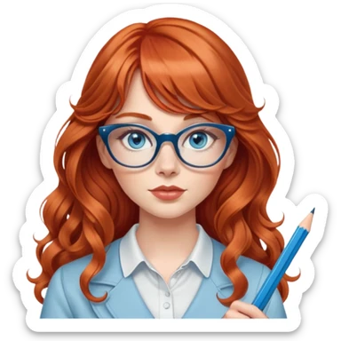 redheaded woman with very long wavy hair and bangs, blue eyes, clear cat-eye glasses, stylish modern outfit, holding a pencil sticker