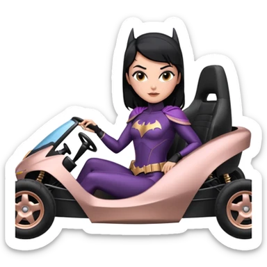 Hot full size real-appearance enclosed electric racing action BatGirl’s feminine midnight-colored tight outfit sixty’s tv show 1992 dark stealthy sporty safe plush petite off-road pursuit cruiser car rose gold accents (black hair,reclined and relaxed torso and shoulders seating position) go kart  sticker