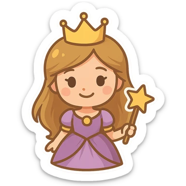 cartoon-style princess emoji with long hair, wearing a golden crown, smiling softly, dressed in a royal gown, holding a magic wand, chibi stickers style sticker
