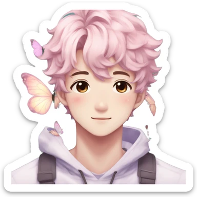 Gorgeous pastel anime style shojo man with blushing face and butterflies aesthetic and pretty hair trending style sticker
