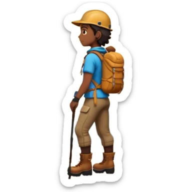 A 3D cartoon hiker silhouette standing on a rocky path at sunset, warm golden light, Memoji-style rendering. inside photo frame. sticker