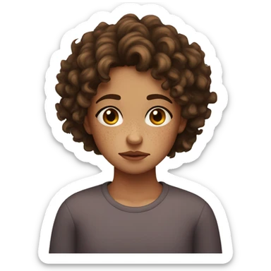 sad curly girl with short brown hair and freckles on her nose sticker