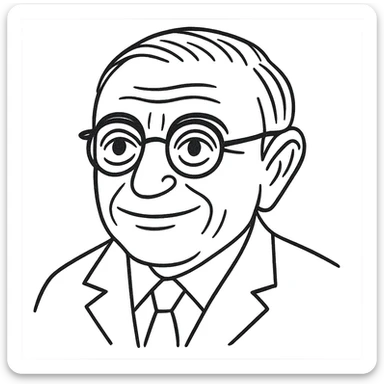 Reduce the number of strokes in the Jean-Paul Sartre black outline drawing, keeping it detailed and hand-drawn but with cleaner, more economical linework. Maintain the neutral smile, round glasses, and transparent background. sticker