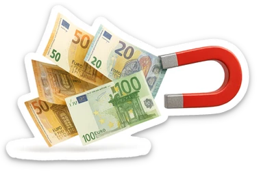 banconote di euro fluttuano vicino ad una calamita rossa, sono attratte, iperrealistico 4k sticker