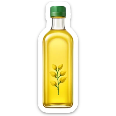 transparent bottle of rapeseed (canola) oil filled with pale yellow oil, simple natural design, slightly curved or rectangular shape, green or neutral cap, no branding, light clear smooth oil with soft golden glow, no label, clean 3D style, soft lighting, emoji scale sticker