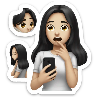 A girl with white skin and dark hair is crying, tears, holding her phone in her hand and pressing her finger on it and looking into it   sticker