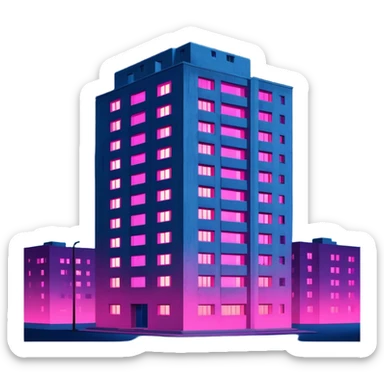 Soviet-style apartment block at night, stark concrete silhouette against dark blue night sky, single window emitting vibrant pink ultraviolet light, ghetto ambience sticker