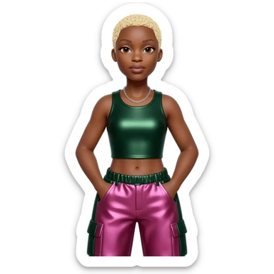 Cynthia Erivo with blonde short hair, dark green metallic crop top, dark green pink metallic baggy pants, silver necklace sticker