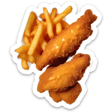 3 chicken tenders with crinkle fries and orange sauce on the side in a styrofoam container styrofoam container sticker