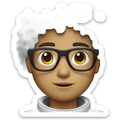 Light skinned Boy with black short curly hear and beardand glasses wearing a white astronaut suit with the saudi flag sticker