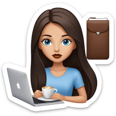 Glamours tanned very beautiful girl with pump cappucino lips and dark chocolate straight smooth long hair, blue-grey eyes with MacBook sticker