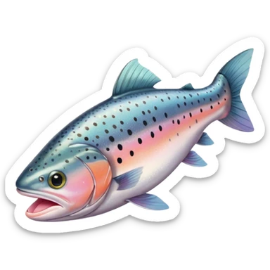 raw trout whole with elongated body, shimmering silver-gray skin dotted with dark spots, iridescent scales, pinkish belly, fins and eyes clear, mouth open, no plate or extras, soft lighting, subtle shadows, emoji scale sticker