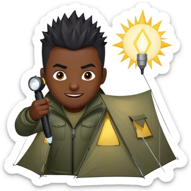 dark skinned black man with short spikey hair hover over a tent aiming his flashlight at the tent with an evil smile on his face sticker