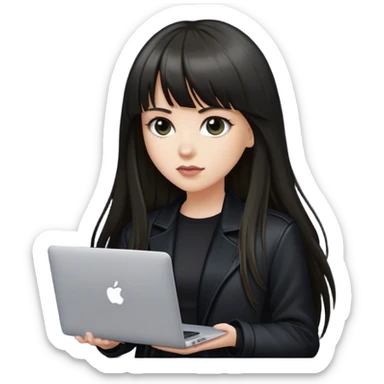 Beautiful white girl, with dark very long hair with bang, wearing black jacket with MacBook  sticker