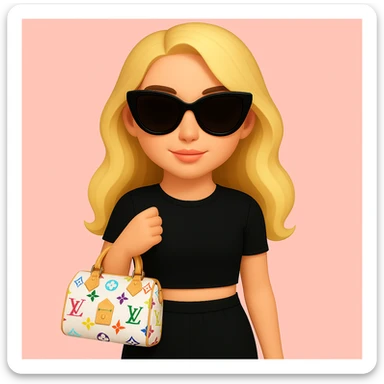 Remove all jewelry, make her lips a lighter pink, adjust her skin tone to be slightly more tan, and change the Louis Vuitton bag to a Speedy 30 Multicolore in white with rainbow monogram. Keep the pink background and sunglasses. sticker