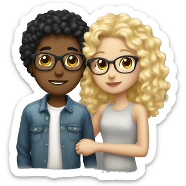 Boy curly blonde hair glasses kissing girl  with black hair sticker