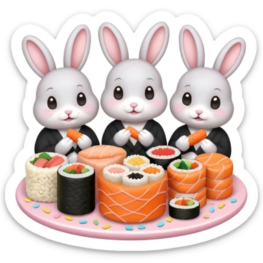 four cute bunny rabbits eating sushi at a birthday party, pastel colors, kawaii, confetti, birthday cake, emoji style sticker