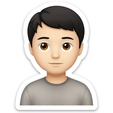 Simple iOS-style emoji of a young boy with short, slightly messy black hair, a round face, large brown eyes, and a small neutral smile sticker