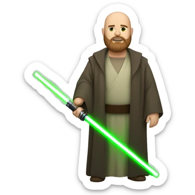 Full body Star Wars bald brown bearded chubby man holding green light saber sticker