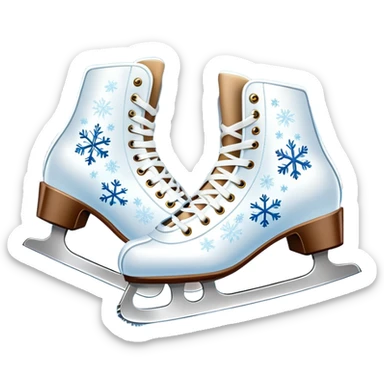 An icon showing In the background, twinkling lights, winter trees, and cheering spectators create a festive atmosphere. a pair of elegant ice skates gliding across a smooth, frozen rink with snowflakes in the air. Transparent background highlights the grace and charm of ice skating. sticker