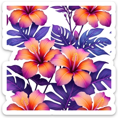Iridescent tropical exotic beautiful pretty Purple pink and orange gradient hibiscuses sunset sunrise full scenery aesthetic deco sticker